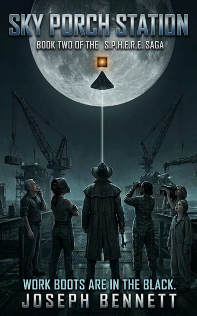 Sky Porch Station cover: a crew on an oil-rig deck at night looks up a laser beam toward a full Moon, a small ship, and a single amber light beside it.