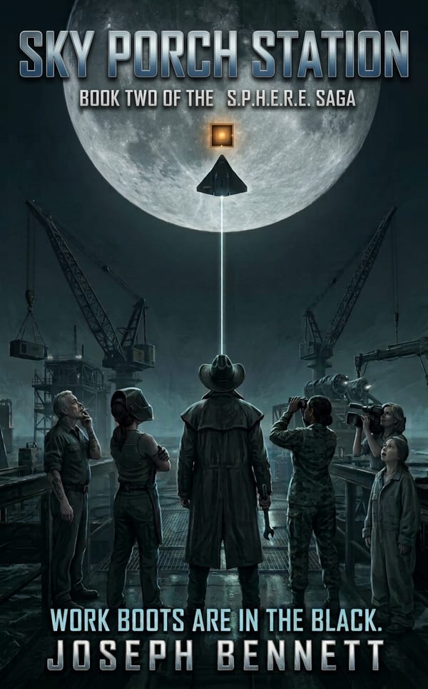 Sky Porch Station cover: a crew on an oil-rig deck at night looks up a laser beam toward a full Moon, a small ship, and a single amber light beside it.