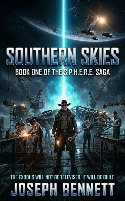 Southern Skies cover: a man in a cowboy hat and long coat stands on an oil-rig deck at night among welders and engineers, a blue laser beam rising past cranes toward ships and a ring structure in orbit.